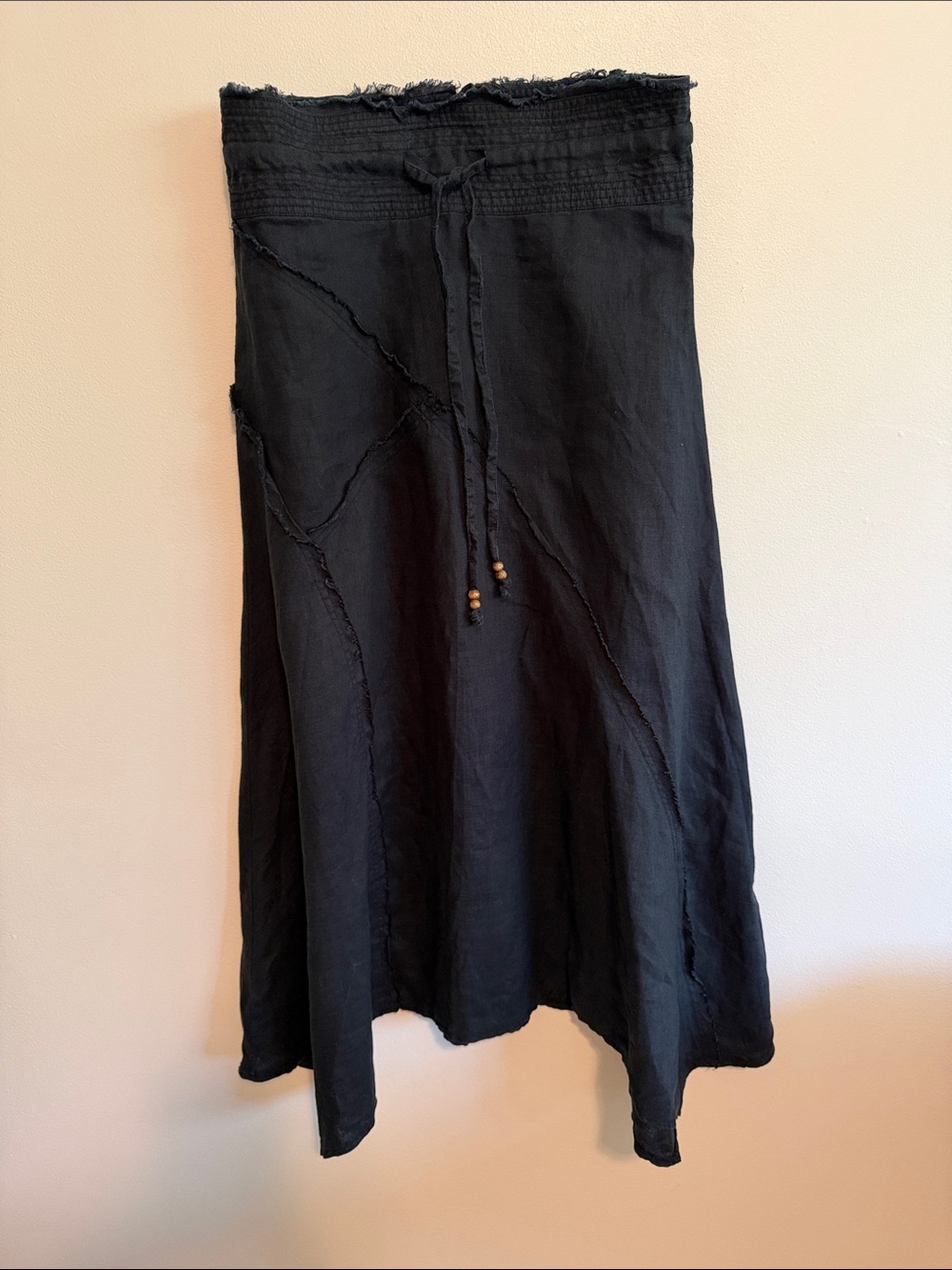 Drawstring Asymmetric Navy 100% Linen Skirt